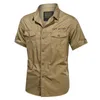 Mens 100% Bomull Militär Shirts Casual Dress Kortärmad Slim Toppar Arbetskjorta Manlig Solid Sommar Trendig Bröstficka 4XL 210626