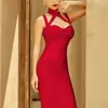 Adyce Summer Red Halter Midi Bodycon Bandage Dress for Women Sexy Sleeveless Club Celebrity Evening Party 220216