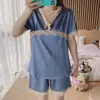 Summer Ice Silk Pajamas Set Women Short Sleeve Sleepwear Nightwear Loose Satin Loungewear Pyjama Pour Femme Lace Trim Home Suit X0526