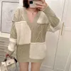 Za luźne patchwork dzianina sweter kobiety z długim rękawem V dekolt plus size zimowe sweter kobieta elegancka streetwear zielone swetry Top 210602