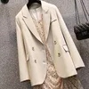 Spring Autumn Office Ladies Turn-down Collar Double Breasted Blazer Elegant Female Long Sleeve Solid 210423