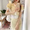 Summer 2 Piece Set Women Temperament Hit Color Cardigan lavorato a maglia a manica corta con sbuffo monopetto + Abito gonna longuette a vita alta 210519