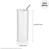 US Stock Sublimation Straight Tumblers 20oz Stainless Steel Mugs clear straw DIY Tall Blank Cups 600ml Vacuum Insulated Coffee Beer Water Bottle