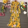 Jesień Sukienka Temperament Turtleneck Waist Slim Długie Rękawy Lace Up Wild Floral Maxi Vestidos UK016 210623