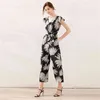 Vintage sunflower Painting Print V Neck Jumpsuits Summer Women Fashion Petals sleeve Wide-Leg Rompers Playsuits Female Pants 210514