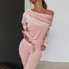 Off the Shoulder Velvet Women's Pajamas Jogging Sports Home Clothes Female Autumn Winter Comfortable Sleepwear For Girls 210809