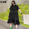 [Eam] mulheres pretas tamanho grande babados vestido longo lapel manga curta solta faixa de moda primavera verão 1dd65450 210512