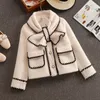 High Quality Women White Bow Mink Jackets Coat For Female Slim Patchwork Pocket Outerwear Ladies Wool Short Coat Winter Clothes