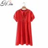 Hsa Abito estivo da donna Manica corta Retro Vintage Abiti pieghettati Vita alta Nero Bianco Rosso slim Stile allentato Chic Beach dress 210716