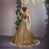 Gouden mousserende bloem meisje jurk 2022 met lange mouwen ballgown pailletten kleine baby meisjes pageant jurken puffy baby first communion verjaardag formele feestkleding