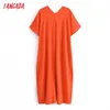 Tangada été femmes Orange surdimensionné Robe Robe col en V à manches courtes dames Robe mi-longue Vestidos 3W90 210609