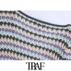 TRAF Women Fashion Color Striped Cropped Knitted Sweater Vintage V Neck Lantern Sleeve Female Pullovers Chic Tops 210415