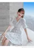 Elegant Fashion Sweet White Embroidery Mini Dress Vintage V-Neck Puff Sleeve High Waist Slim Dresses Female Vestidos 210519