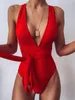 Sexy Solid Red Swimsuit Women Push Up Lace Bandage Bodysuit Brazilian Deep V Neck Backless Bathing Suit Swimwear W220304