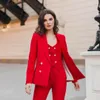 3 stuks Red Women Blazer Suits Slim Fit Leisure Lady Photo Wide Pen Pants Party Prom Outfit Coat (jas + vest + broek)