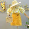 Moda Yaz Kız Giyim Suit Ülke Tarzı Çiçek Puf Kol Üst + Kemer Denim Etek İki Parçalı Çocuk 210625