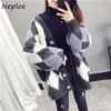 Neploe Sweter Cardigan Kobiety Jesień Zima Koreańska Gruba Knit Cardigans Argyle Oversized Hit Kolor Dzianina Zagranica Płaszcz 1E807 210423