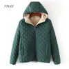 Vinter Casual Short Cotton Coats Kvinnor Hooded Diamonds Partern Artificial Fleece Inuti Outwear Femme Slim Overcoat 210430