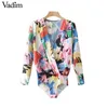 Women V Neck Floral Colorful Print Bodysuits Cross Design Long Sleeve Playsuits Female Streetwear Tops Blusas Kz1203 Q190507