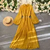 Frauen Französisch Plissee Maxi Kleid Elegante Solide Puff Sleeve A-linie Büro Kleider Herbst Koreanische Streetwear Lange Kleid 210419