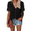 Women V-Neck Top Summer Casual Solid Color Pleated Lace Stitching Short Sleeved Tshirt Elegant Office Loose Hollow Out Clothes Y0621