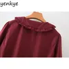 Fall Women Vintage Red Dress Peter Pan Collar Three-Quarter Sleeve Pleated Casual Autumn Plus Size Mini Vestido 210514