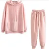 Two Piece Outfits for Women Winter Tracksuit on Fleece Oversize Long Sleeve Hoodies Sweatshirt Jogger Solid Warm Sport Suit 210803