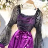 Jesień Sexy See-Through Lace Bubble Rękaw Fold Słodnia Slim Krótki Retro Velvet Dress UK495 210507