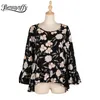 Okrągła szyja Ruffle Hem Kobiety Topy i bluzki Casual Wakacje Floral Print Top Spring Flared Sleeve Luźna Bluzka 210510