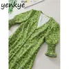 Vert imprimé floral femmes manches courtes col en V mince a-ligne mini élégante dame fête robe d'été vestidos DJF9102 210515