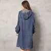 Johnature Trench Coat Denim Abbigliamento donna Autunno Cerniera con cappuccio Ricamo vintage Tempo libero Cappotti lunghi a vita larga 210521