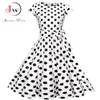 Siyah Beyaz Polka Dot Vintage Elbise Yaz Kadın Çiçek Baskı Kısa Kollu Retro Robe Rockabilly Elbiseler Parti Jurkjes 210409