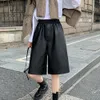 Spring Black PU Leather Women Half Pants High Waist Lady Oversized Wide Leg Vintage Female Loose Plus Size Trousers 210428