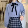 Lente Japanse preppy stijl vrouwen blouse elegante corduroy boog blusas schattig shirt kawaii zoete mori meisje los 210520