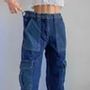 JMPRS, pantalones vaqueros de cintura alta para mujer, pantalones vaqueros holgados con bolsillos de estilo pijo de primavera, pantalones casuales de retazos azules con bolsillos, ropa de calle, pantalones 210809