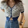 Yitimuceng Knited Women Sweaters Floral Button Up Slim Open Stitch Short Sleeve Summer Korean Fashion Blue Orange Tops 210601