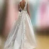 화려한 민소매 v 넥 레이스 아플리케 a 라인 웨딩 드레스 tulle online beading sash 라이트 샴페인 vestido de noiva