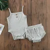 INS Meisje Baby Twee Stukken Sets Zomer Effen Kleur Jarretel Shirt + Ruches Korte 100% katoen kinderkleding set