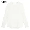 [EAM] Women White Bandage Hollow Out Backless Ruffles T-shirt Round Neck Long Sleeve Fashion Spring Autumn 1DD5836 210512