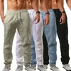 Summer Mens Cotton Linen Trousers Pants Casual Male Solid Elastic Waist Straight Loose Plus Size Men's