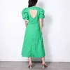 Elegant Green Dress For Women N Neck Puff Short Sleeve Hollow Out Tunic Maxi Dresses Female Summer Fashion 210520