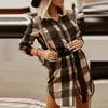 2022 Primavera Manica Lunga Office Party Dress Autunno Monopetto Bottone Fessura Mini Vestito Delle Donne Primavera Plaid Stampa Camicia Abiti Y1204