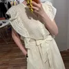 Coréen V-cou simple boutonnage industrie lourde dentelle crochet fleur bois oreille sangles taille robe femmes Office Lady Polyester 210416