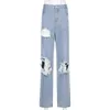 Y2K Trou Ripped Jeans Femme Taille Haute Burr Casual Pantalon Denim Droit Long Baggy Boyfriend Oversize Streetwear 210517