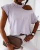 Kadın Yaz Zarif Katı Soğuk Omuz Kısa Kollu Rahat T-shirt Lady Seksi Boy Streetwear Top 210415