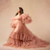 2021 Ruffle Pink Kimono Women Dresses Robe for Photoshoot Extra Puffy Sleeves V Neck Prom Gowns African Cape Cloak Maternity Dress Photography