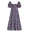 Kobiety Sukienka Rękaw Plac Neck Purple Floral Printing Temperament Luźne Fit Fashion Lato 2H608 210526