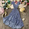Ladies Spring Summer Open Back Long Length Dress Seaside Holiday Fold Poplin V Neck Short Sleeve High Waist 210520
