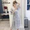 Tataria print blomma chiffong klänning kvinnor hög midja lång kort ärm t-shirt kvinnlig elegant strand es 210514