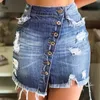 Été Trou Denim Jupes Femmes Casual Irrégulière Taille Haute Jupe Mini Poches À Un Bouton Bleu Jean Bandage